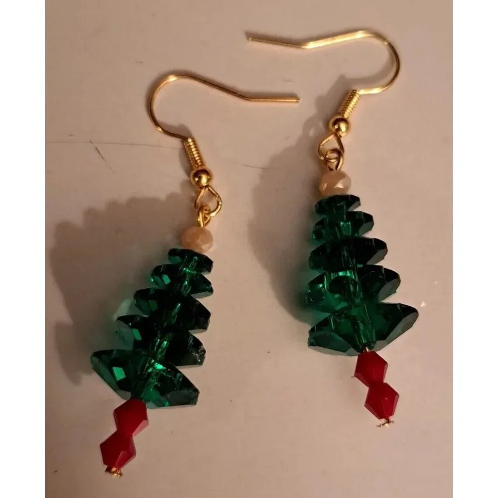 Christmas Tree Earrings 3D Green Holiday 3/4" Long Dangle - Picture 2 of 2